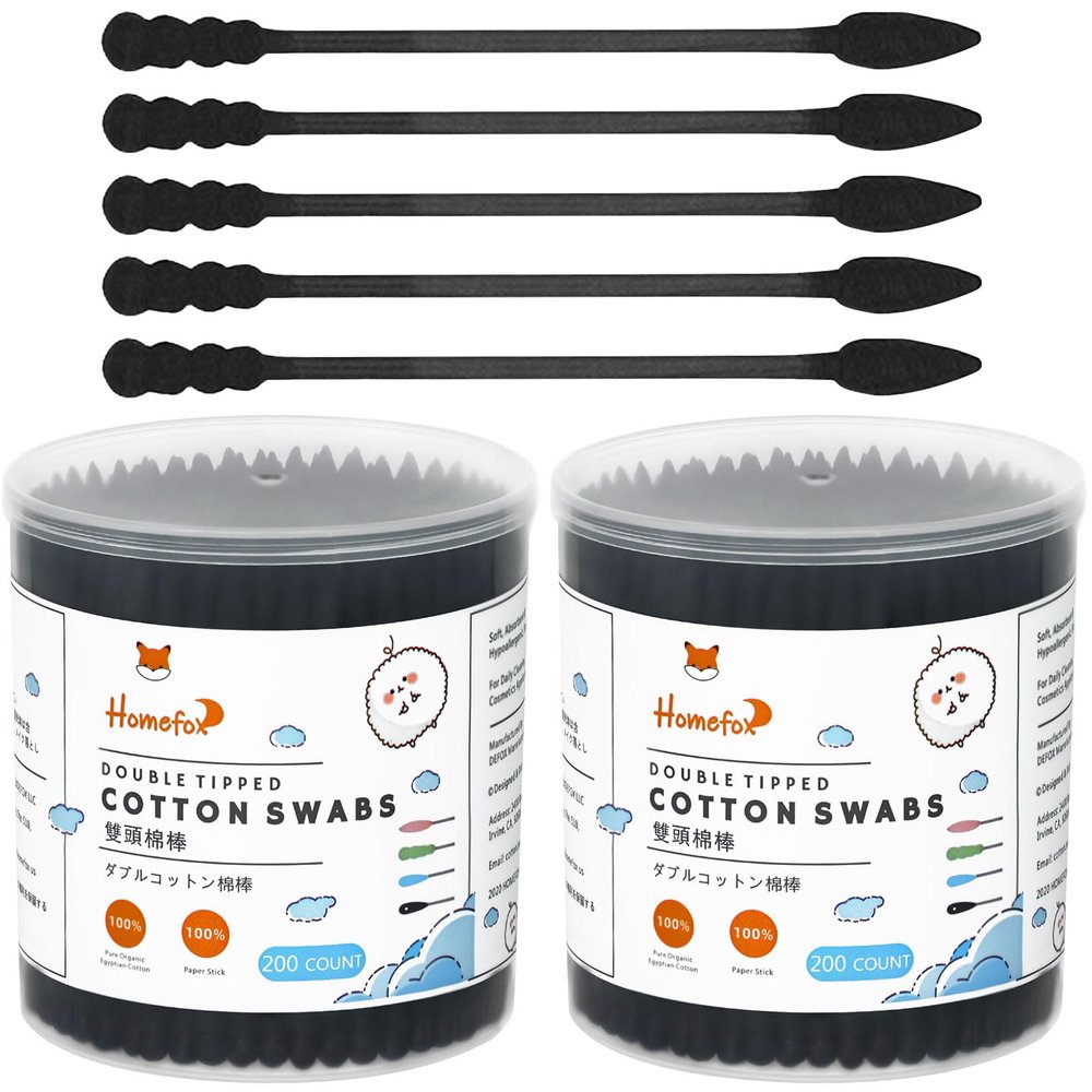 HOMEFOX Black Cotton Swabs Spiral Pointed - 400 Count Organic Cotton Buds Charcoal Gothic Double Side Tightly Wrapped Precision Cotton Tips Paper Stick Soft Gentle Lint-Free, Spiral & Pointy (Black)
