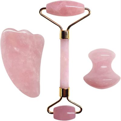 BAKYAR Gua sha Scraper Board Rose Quartz Face Thin Massager Natural Stone Guasha Board Jade Roller Pink Crystal Facial Scraper Jade Facial Roller Set Massage Tool Set (Color : Set a)