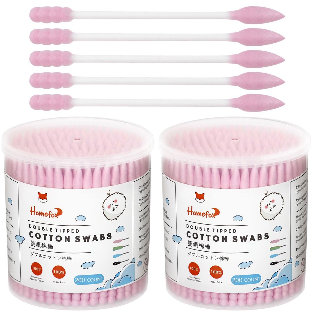 HOMEFOX Pink Cotton Swabs Spiral Pointed - 400 Count Organic Cotton Buds Double Side Tightly Wrapped Precision Cotton Tips Paper Stick Soft Gentle Lint-Free Cruelty-Free, Spiral & Pointy (Pink)