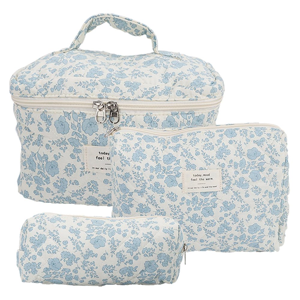 3Pcs Floral Quilted Makeup Bag, Aesthetic Makeup Bag Coquette Makeup Bag Set, Large Capacity Travel Cosmetic Bags for Women Girls (Orchid)