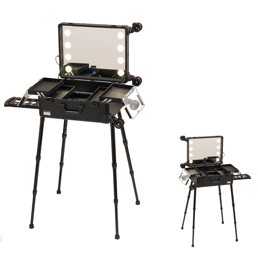 Makeup Case Organizer, Cosmetic Box Makeup Storage with Mirror Locking Rolling Makeup Train Case Large Storage Cosmetic Trolley, Traveling Cart Trunk for Cosmetologist Aesthetic (Size : A(with Shelf)