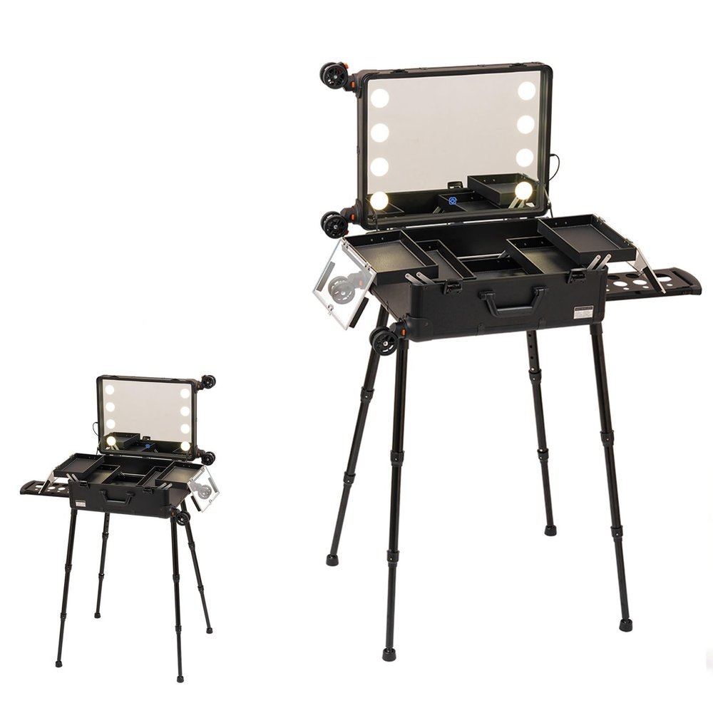 Makeup Train Case Professional Cosmetics Rolling Organizer Aluminum Frame and Folding Trays, Large Storage Cosmetic Trolley, Makeup Box with Mirror for Makeup Artist, Makeup Tools (Size : B(with shel