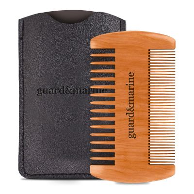 GUARD&MARINE Wooden Beard & Mustache Comb with Fine and Coarse Teeth - Pocket Size - Ideal for Use with Balms and Oils. Stylish and Convenient with a PU Leather Case (brown)