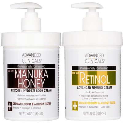 Advanced Clinicals Unscented Retinol Body Lotion & Face Moisturizer + Manuka Honey Body Cream For Women & Men | 2PC Skincare Set Helps Reduce Appearance Of Crepey Skin + Extremely Dry Skin, 2pc Set