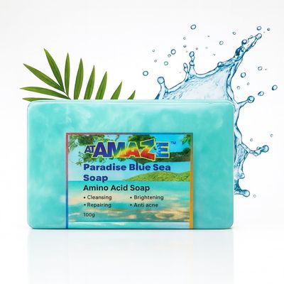 ATAMAZE Paradise Amino Acid Organic Soap Bar, Moisturizing, Residue-Free Refreshing Cleanser, Cooling & Invigorating Bath Natural Soap for Women, Men & Kids with Plant-Based Oils, 100g Blue Sea