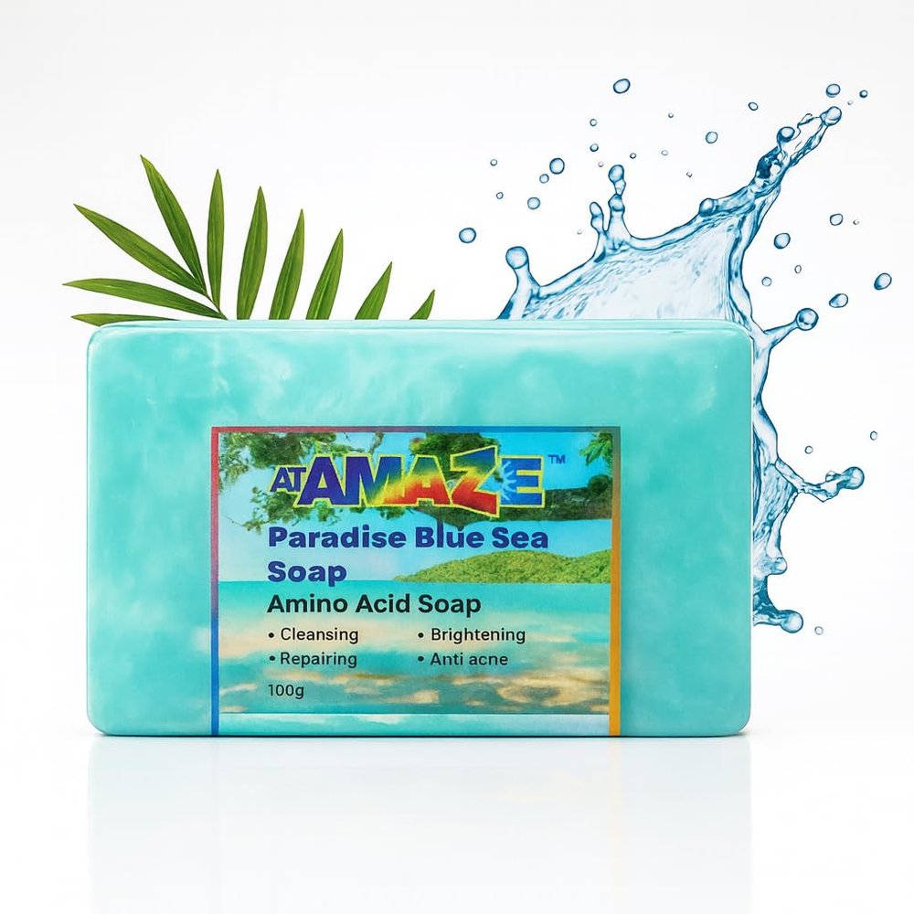 ATAMAZE Paradise Amino Acid Organic Soap Bar, Moisturizing, Residue-Free Refreshing Cleanser, Cooling & Invigorating Bath Natural Soap for Women, Men & Kids with Plant-Based Oils, 100g Blue Sea