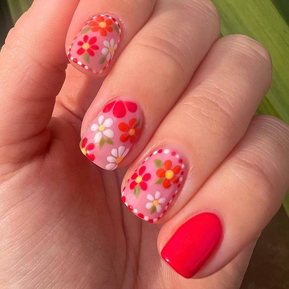 24Pcs Spring Square Press on Nails Red Short Fake Nails CEWEWP Full Cover Flower Designs Stick on Nails Colorful Summer False Nails Red Glossy Acrylic Nails for Women and Girls