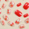 24Pcs Spring Square Press on Nails Red Short Fake Nails CEWEWP Full Cover Flower Designs Stick on Nails Colorful Summer False Nails Red Glossy Acrylic Nails for Women and Girls view 3