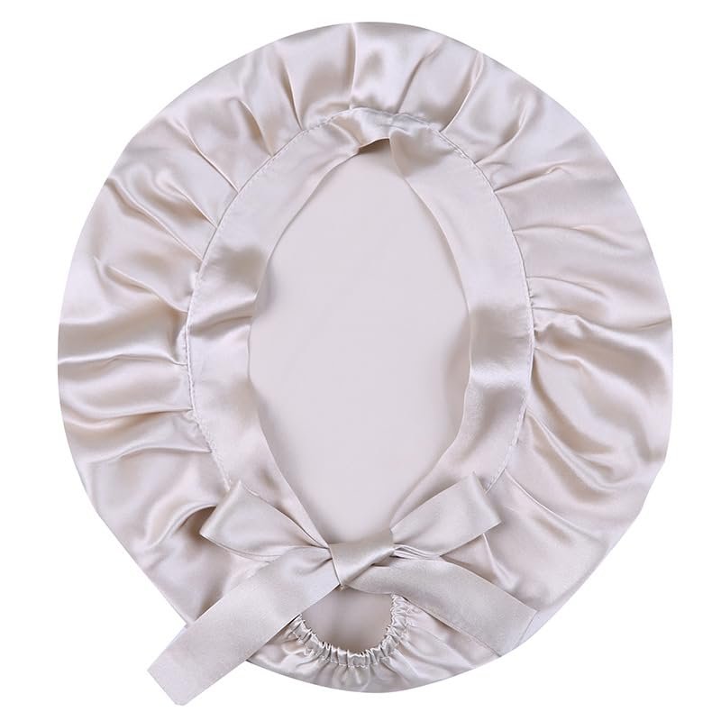 BaronHong 100% Mulberry Silk Sleep Cap Women Hair Care,Natural Momme Silk Night Bonnet Adjustable Ribbons,Smooth Soft(Beige,M)