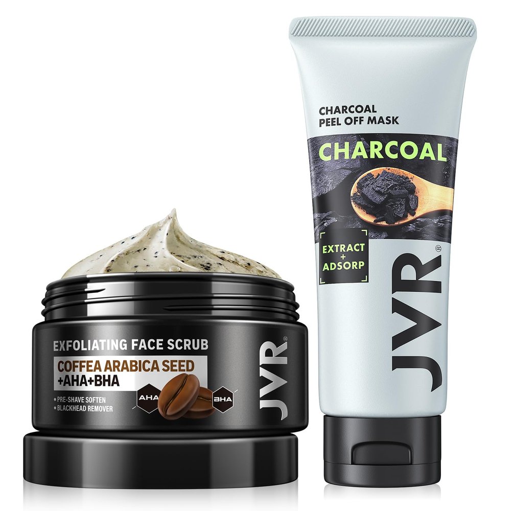 JVR Blackhead Remover Mask+ Face Scrub for Men 2 IN 1 Charcoal Peel Off Black Mask, Facial Purifying and Deep Cleansing for All Skin Types