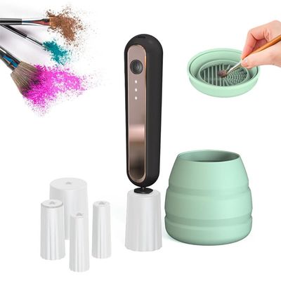 Make up Brush Cleaner Cleanser Machine and Dryer Set, 3 Adjustable Speeds Portable Electric Brush Cleaner Machine with Foldable Silicone Tank Automatic Deep Cosmetic Brush Spinner for Brushes