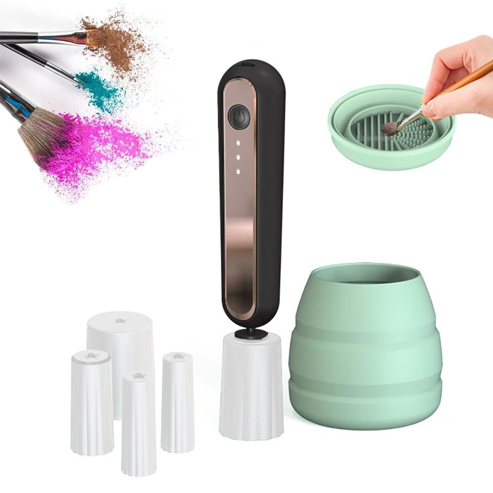 Make up Brush Cleaner Cleanser Machine and Dryer Set, 3 Adjustable Speeds Portable Electric Brush Cleaner Machine with Foldable Silicone Tank Automatic Deep Cosmetic Brush Spinner for Brushes