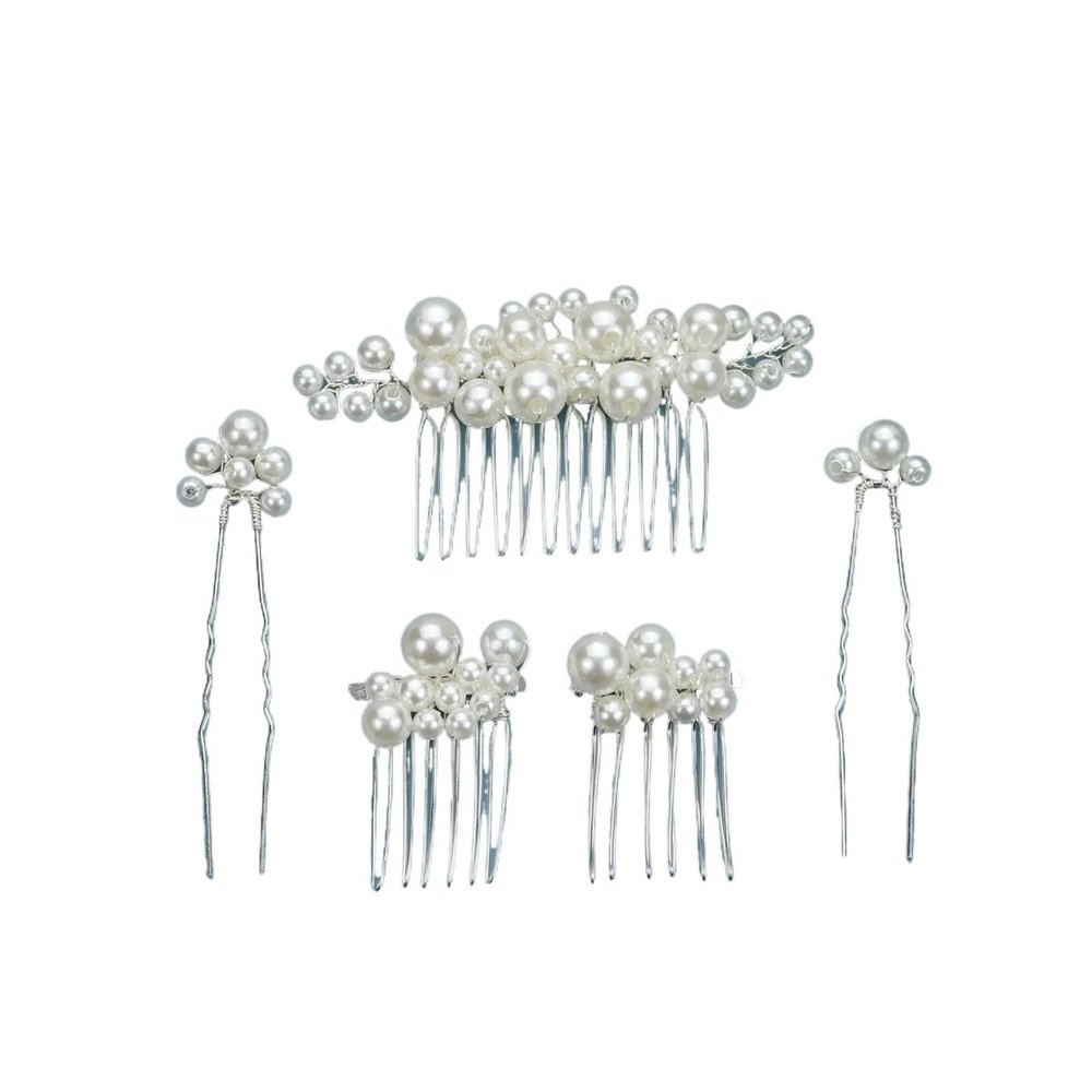 5Pcs Silver Color Gold Pearls Wedding Women Hair Combs Pins, For Bride Handmade Simulated Pearl Women Headpiece Party (Color : Silver)