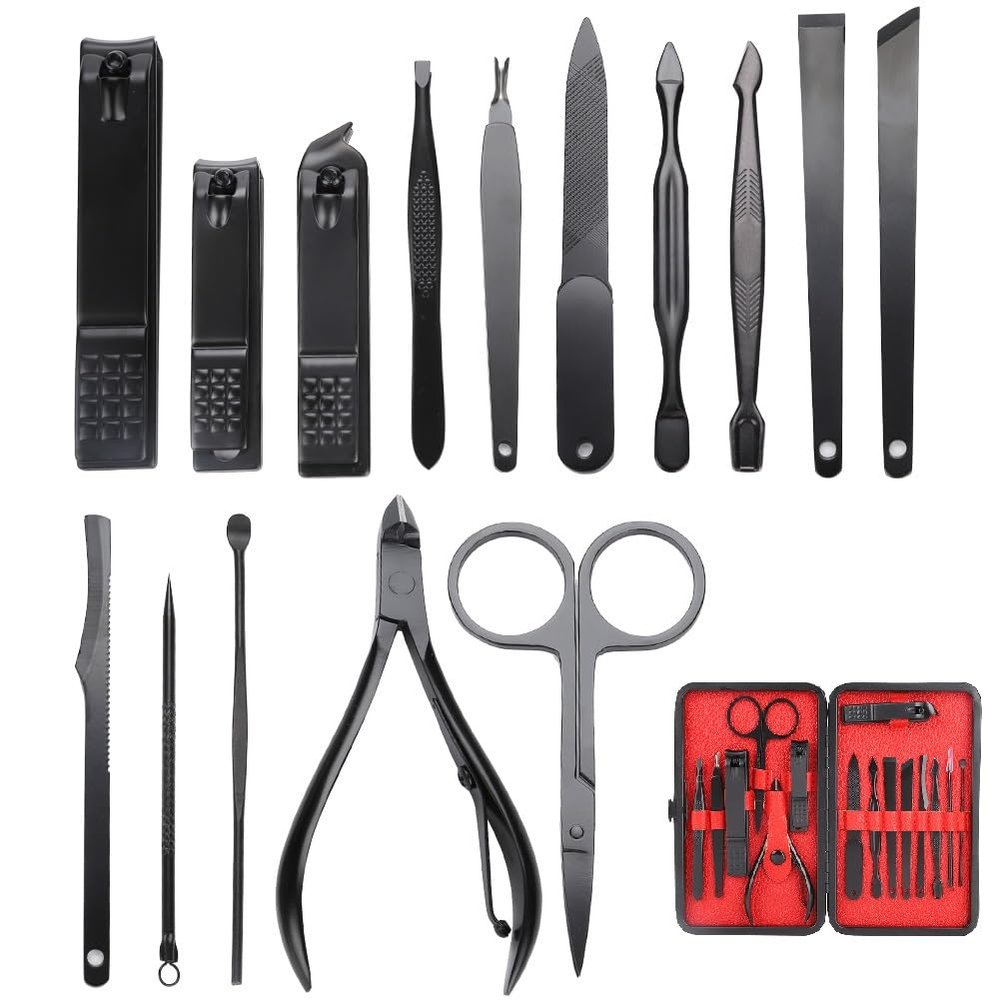 15 in 1 Nail Clippers Set, Portable Manicure Pedicure Kit with Luxurious Travel Case, Stainless Steel Fingernail and Toenail Clipper Cutters, Nail Care Kit for Men Women (Red)