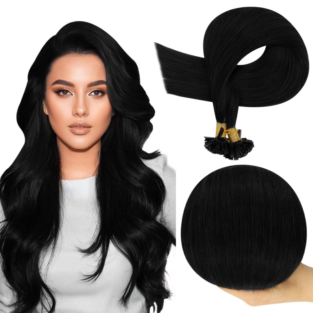 Full Shine Keratin Bond Hair Extensions Jet Black Ktip Human Hair Extensions 24 Inch Prebonded Extensions for Women 50 Grams Long Straight Natural Remy Hair