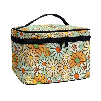 Yuuxorilu Abstract Hippie Daisy Floral Makeup Bags for Women Green Groovy Travel Cosmetic Organizer Case Portable Makeup Case Large Travel Tote Bag with Durable Handle Toiletry Bag Purse