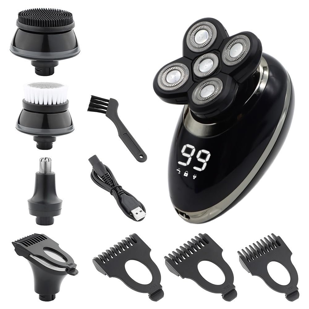 EKHOU Head Shavers for Bald Men, 5 in 1 IPX7 Men's Electric Shaver Portable Beard Trimmer Hair Clipper USB Rechargeable Waterproof LCD Bald Razor