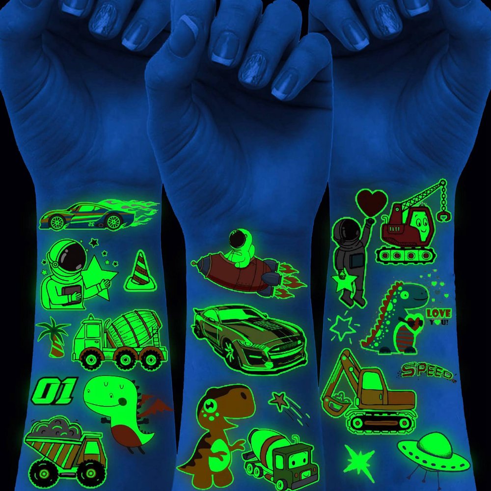 20 Sheets Glow In The Dark Temporary Tattoos For Kids Boys, Dinosaur Construction Truck Racing Car Outer Space Astronaut Fake Night Glitter Glowing Luminous Tattoo Stickers For Children Excavator