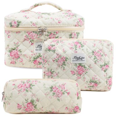 3 Pcs Cotton Quilted Makeup Bag, Large Aesthetic Cosmetic Bag Set Cute Flower Travel Toiletry Bag Makeup Brushes Storage Bag Trendy Makeup Organizer Bag for Women Girls (Pink Flower Set)