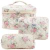 3 Pcs Cotton Quilted Makeup Bag, Large Aesthetic Cosmetic Bag Set Cute Flower Travel Toiletry Bag Makeup Brushes Storage Bag Trendy Makeup Organizer Bag for Women Girls (Pink Flower Set) view 1