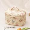 3 Pcs Cotton Quilted Makeup Bag, Large Aesthetic Cosmetic Bag Set Cute Flower Travel Toiletry Bag Makeup Brushes Storage Bag Trendy Makeup Organizer Bag for Women Girls (Pink Flower Set) view 2