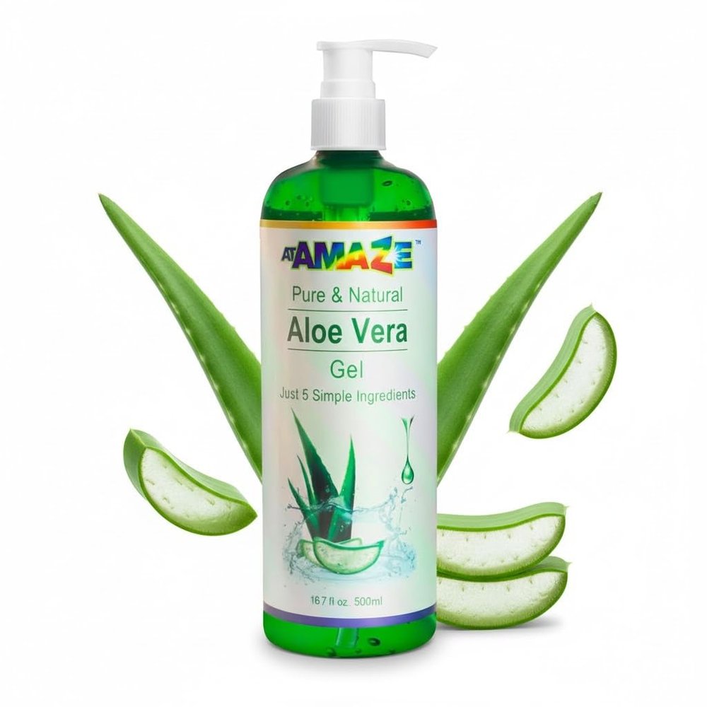 ATAMAZE 500 ml Pure Aloe Vera Gel for Hair and Skin, Hydrating & Non-Sticky, Soothes Scalp and Skin, No Strong Scent, Lightweight & Fast-Absorbing Pure Aloe Vera Gel for Body, glass bottle.