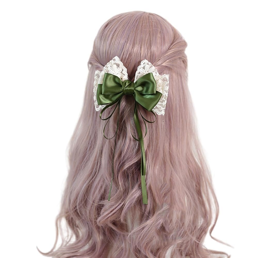 TTYAO REII Ribbon Bow Hairclips Green Bowknot Hair Barrettes Girls Side Hairpins Lolita Hair Accessories for Women Party (Green C)