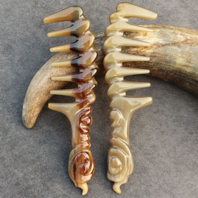 BAWHO 20cm White Buffalo Horn Massage Comb Carved Wide Teeth Head Meridian Scraping Scalp Gua Sha Massage Anti-Static Hair Smooth Comb 1Pcs