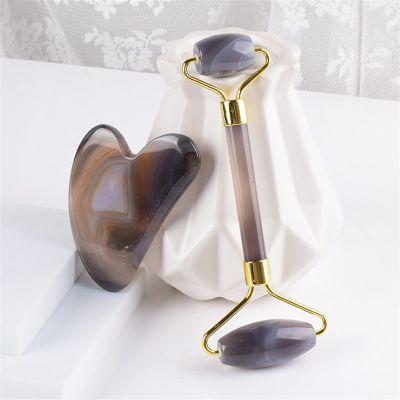 BAWHO Jade Roller Gua Sha Massage Set Natural Agate Gouache Stone Board Anti Aging Face Massager Skin Beauty Care Lifting Tool 1Set