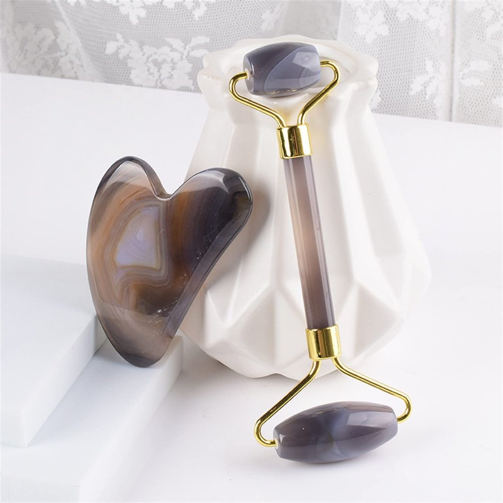 BAWHO Jade Roller Gua Sha Massage Set Natural Agate Gouache Stone Board Anti Aging Face Massager Skin Beauty Care Lifting Tool 1Set
