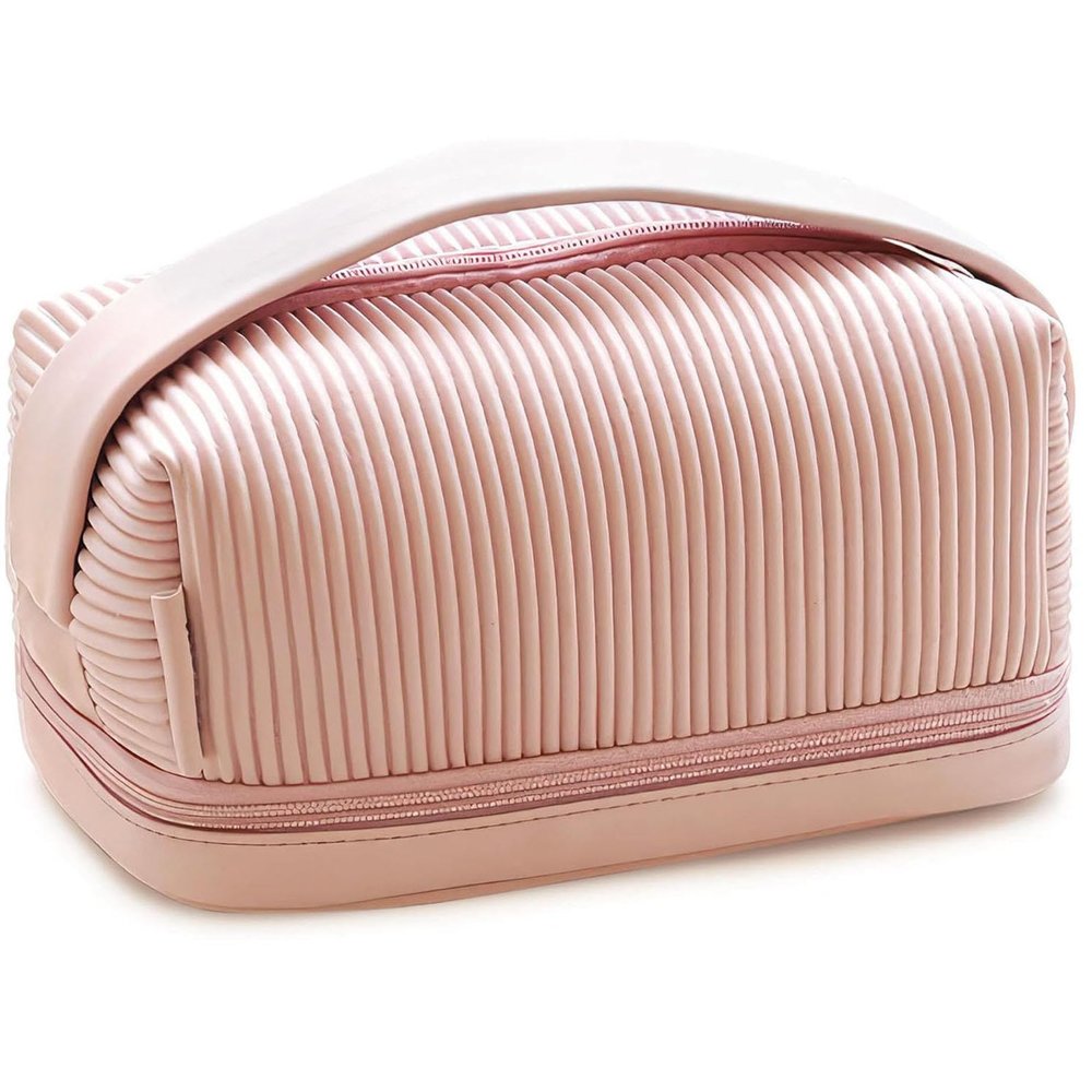 Double Layers Travel Makeup Bag,Large PU Leather Cosmeti Bag,Portable Toiletry Bag Cute Makeup Organizer Case Travel Essentials for Women,Girls,A