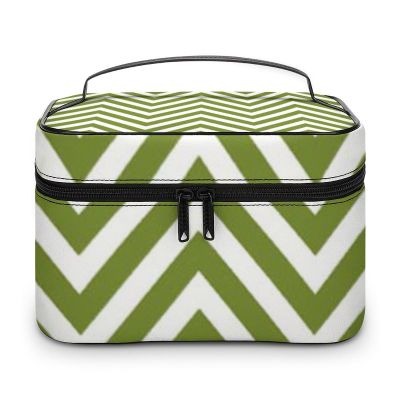 Zigzag Pattern Chevron Pattern White Green Cosmetic Bag, Travel Portable Makeup Bag for Purse Pouch Beauty Zipper Organizer Toiletry Bag for Women