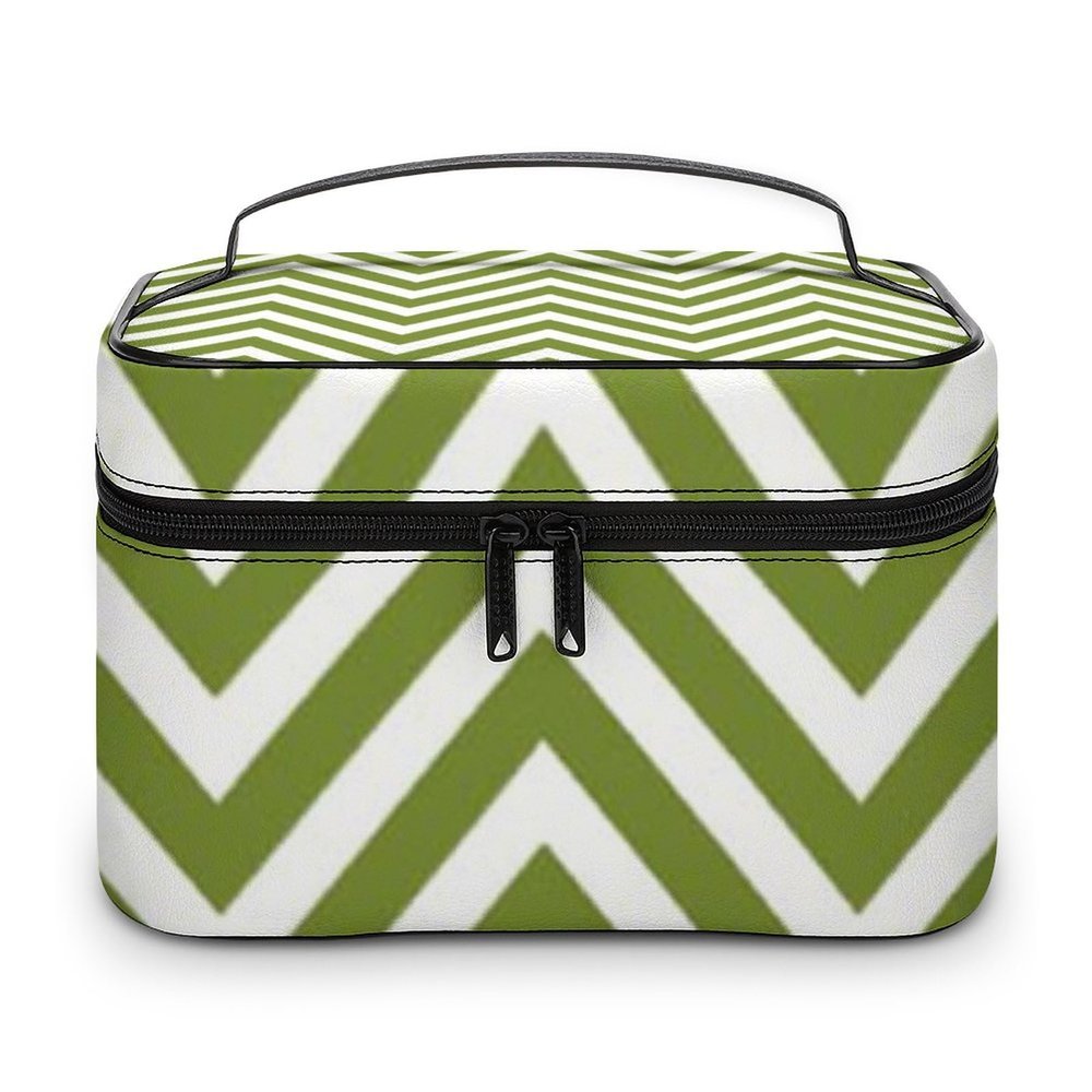 Zigzag Pattern Chevron Pattern White Green Cosmetic Bag, Travel Portable Makeup Bag for Purse Pouch Beauty Zipper Organizer Toiletry Bag for Women