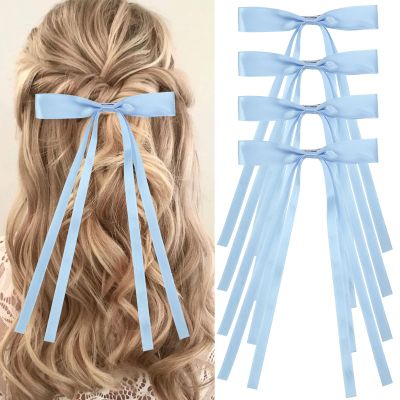 Vodolo Blue Hair Bows for Women,4 PCS Large Bow Hair Clips Tassel Ribbon Bowknot With Long Tail,Ribbon Hair Bows Barrettes for Thick Thin Hair,Nonslip Hair Accessories Christmas Birthday Gifts