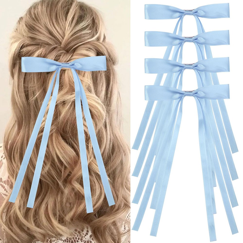 Vodolo Blue Hair Bows for Women,4 PCS Large Bow Hair Clips Tassel Ribbon Bowknot With Long Tail,Ribbon Hair Bows Barrettes for Thick Thin Hair,Nonslip Hair Accessories Christmas Birthday Gifts