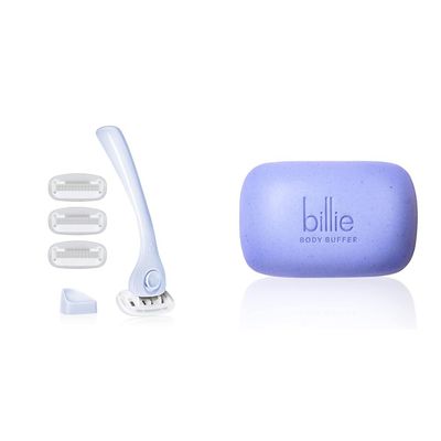 Billie Razors for Women Shave Kit  Womens Razor + 4 x 5-Blade Razor Refills + Magnetic Holder  Cool Blue & Body Buffer - Pre-shave Exfoliating Bar - 3.5 oz