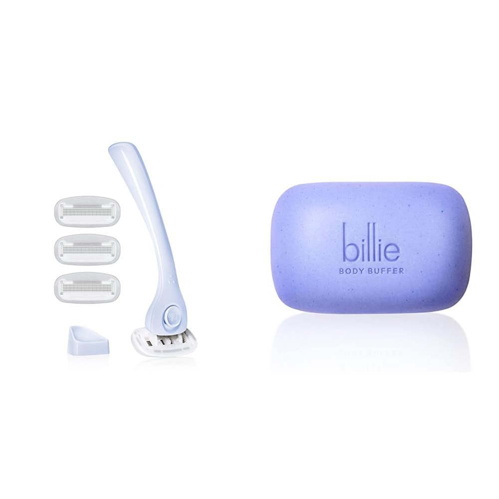 Billie Razors for Women Shave Kit  Womens Razor + 4 x 5-Blade Razor Refills + Magnetic Holder  Cool Blue & Body Buffer - Pre-shave Exfoliating Bar - 3.5 oz