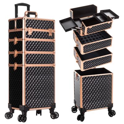 AROUS Rolling Makeup Train Case 4 in 1 Cosmetology Case on Wheels Large Storage Cosmetic Trolley with Key Salon Barber Case Traveling Cart Trunk,Gold&Black