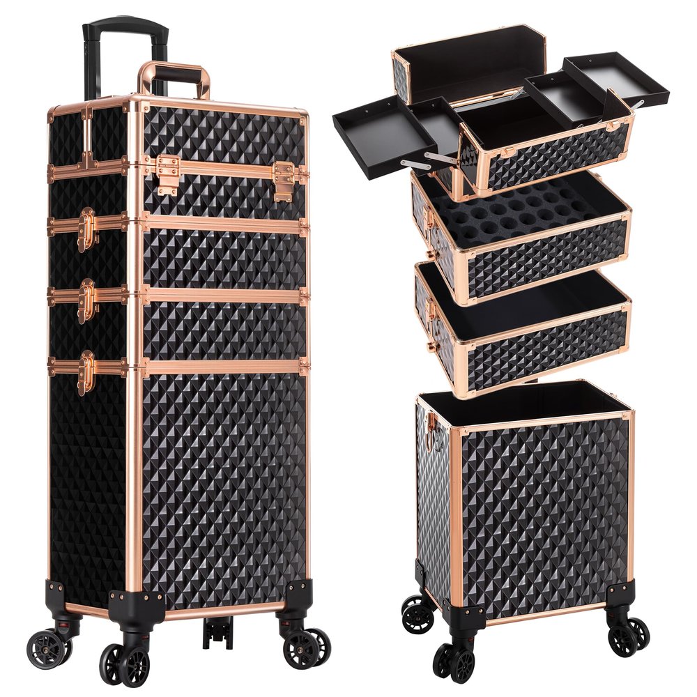 AROUS Rolling Makeup Train Case 4 in 1 Cosmetology Case on Wheels Large Storage Cosmetic Trolley with Key Salon Barber Case Traveling Cart Trunk,Gold&Black