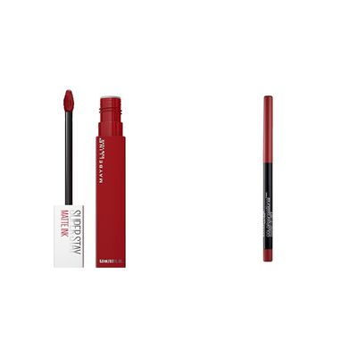 MAYBELLINE Super Stay Matte Ink Liquid Lipstick Makeup, Long Lasting High Impact Color & Color Sensational Shaping Lip Liner with Self-Sharpening Tip, Brick Red, Red, 1 Count