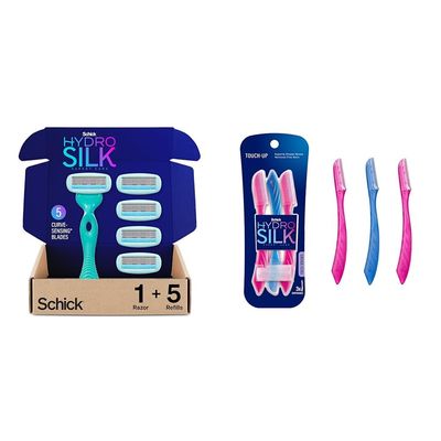 Schick Hydro Silk Sensitive Skin Razor for Women With 5 Moisturizing Razor Blade Refills & Touch-Up Exfoliating Dermaplaning Tool, Face & Eyebrow Razor