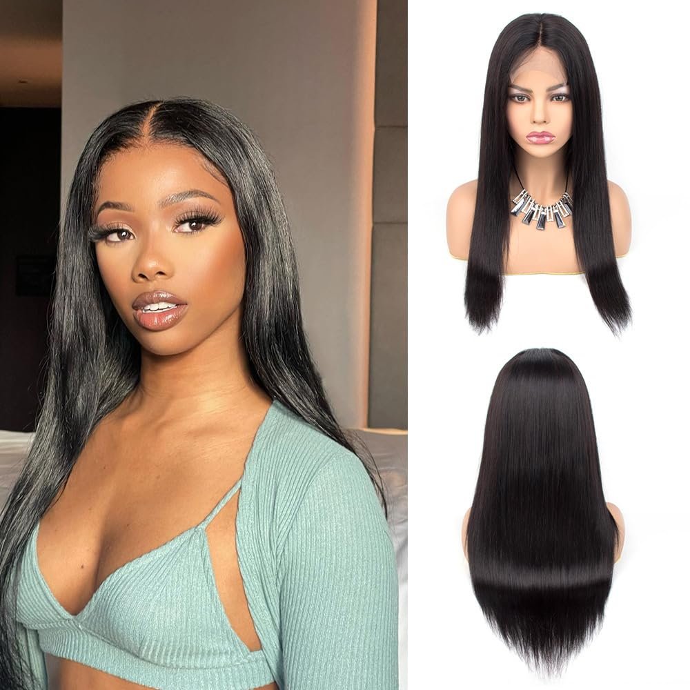 4 * 4 Human Hair Wigs Straight Black Hair for Woman Hand Tied Natural for Hair Loss Long Straight with Thin Hair (18inch(45cm))