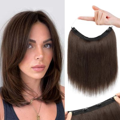 REECHO 12" Invisible Wire Hair Extensions with Thinner Softer Lace Weft Adjustable Size Removable Secure Clips in Short Straight Secret Hairpiece for Women - Chocolate Brown