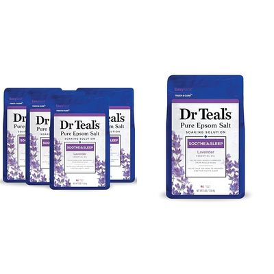 Dr Teal's Pure Epsom Salt, Soothe & Sleep with Lavender, 3 lb (Pack of 4) (Packaging May Vary) & Epsom Salt Soaking Solution, Soothe & Sleep, Lavender, 3lbs (Packaging May Vary)