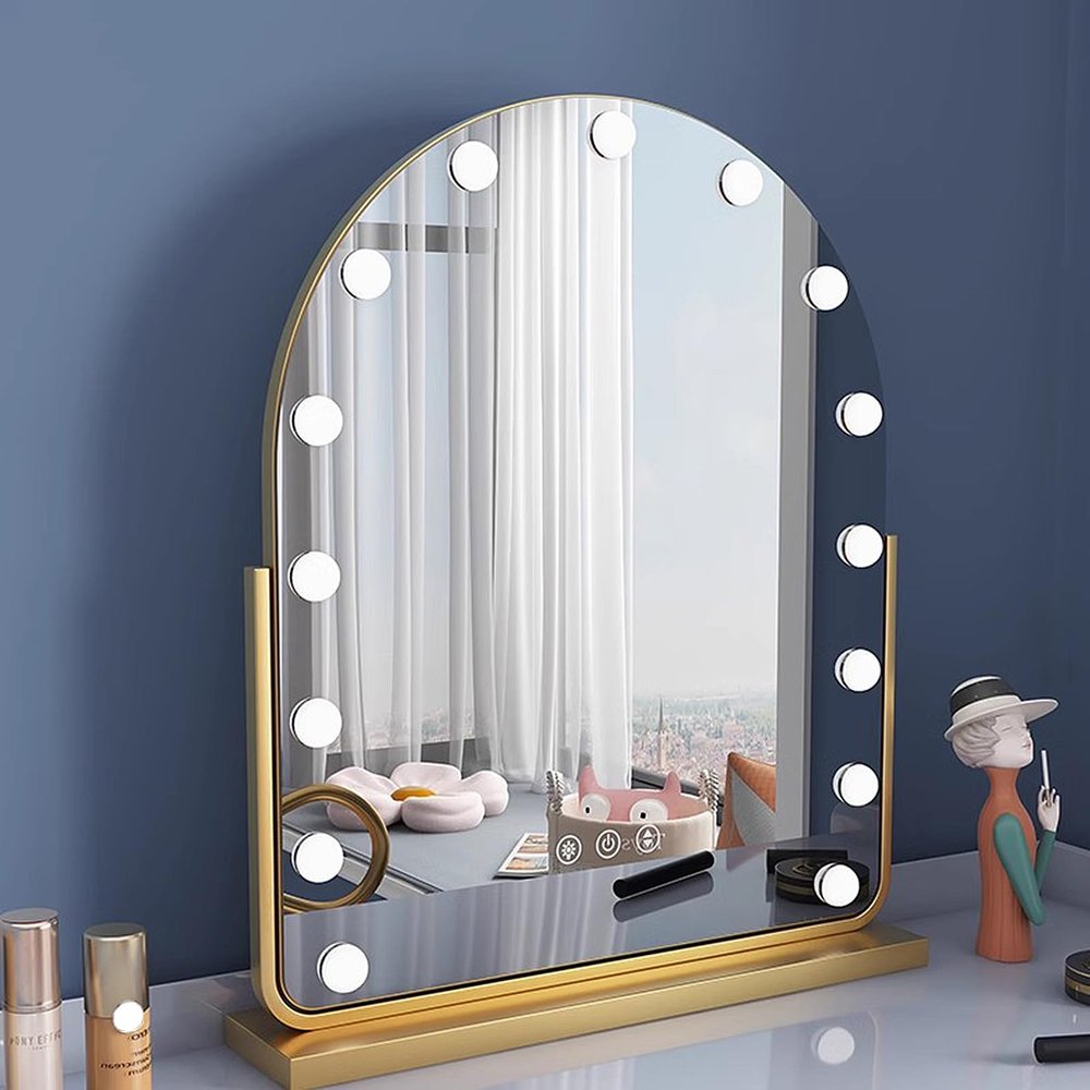 Lighted Makeup Tabletop Mirror with Led Lights 360 Degree Rotation, Vanities Mirror with Touch Screen Adjusted Brightness and 3 Colors Dimmable, Bathroom Beauty Vanity Mirror for Dressing Room, Gold