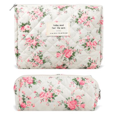 2Pcs Quilted Cotton Makeup Bag Large Travel Makeup Pouch Small Brush Holder Set for Women Floral Coquette Makeup Bag Cute Aesthetic Cosmetic Bag Blue Toiletry Organizer Storage Bag Big Zipper Pouch