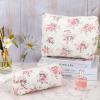 2Pcs Quilted Cotton Makeup Bag Large Travel Makeup Pouch Small Brush Holder Set for Women Floral Coquette Makeup Bag Cute Aesthetic Cosmetic Bag Blue Toiletry Organizer Storage Bag Big Zipper Pouch view 3