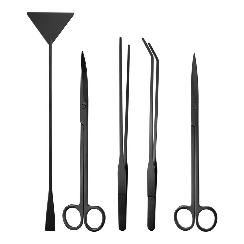 Angoily 5pcs Stainless Steel Aquarium Tool Set Curved Straight Tweezers Scissors and Substrate Spatula for Aquatic Plant Maintenance and Setup