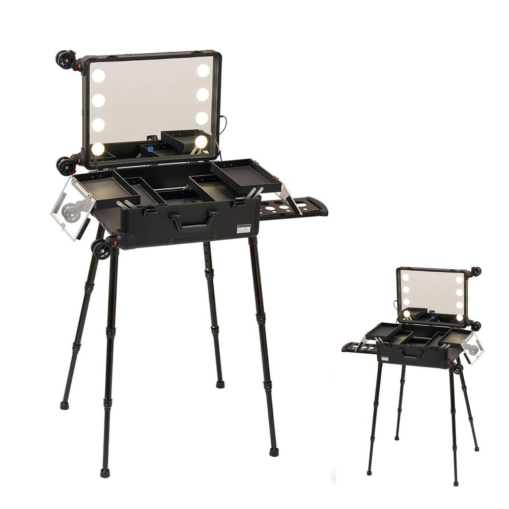 Makeup Train Cases, Rolling Makeup Case Cosmetic Travel Trolley, Professional Makeup Cosmetic Cases Organizer Box, Cosmetic Case for Makeup Trays with Mirror Travel Cosmetic Organizer (Size : B(with