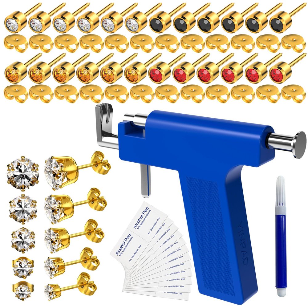 YINPAD Ear Piercing Gun, Reusable Ear Piercing Kit, Package Includes 24 pcs Surgical Grade Anti-sensitivity Piercing Gun Earrings, 10 pcs Cubic Zirconia Fashion Earrings (Gold)